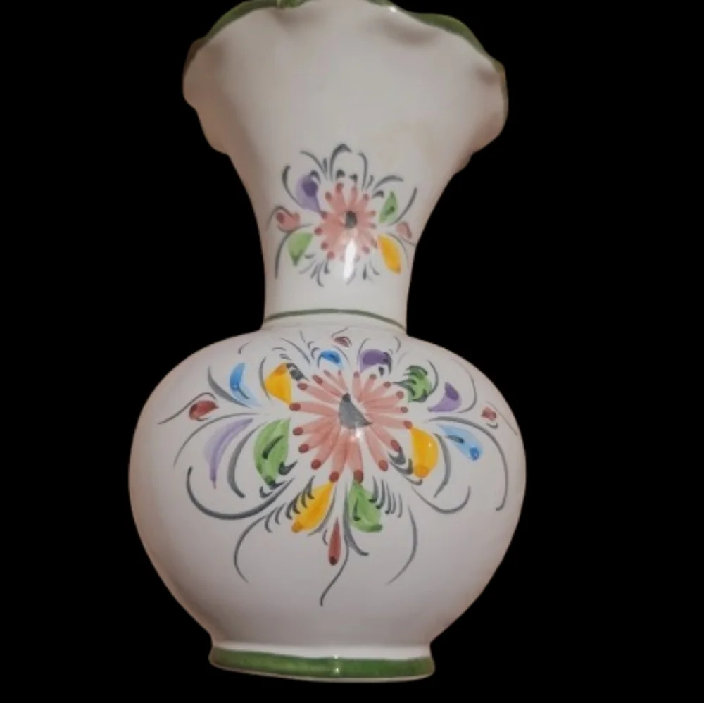 Portuguese Hand Painted Decorative Floral Vase green trim multicolor flowers